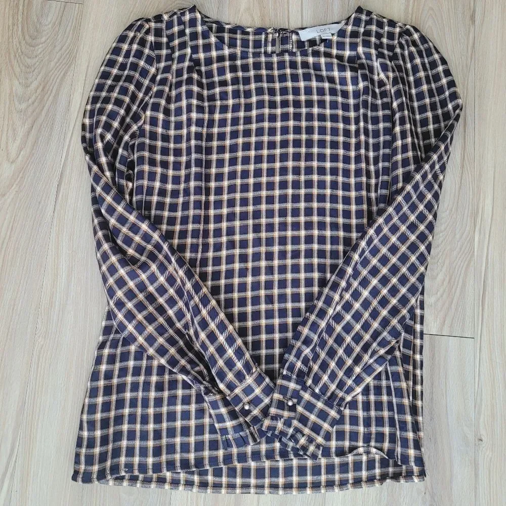 LOFT Blue Gold Plaid Puff Sleeve Blouse XS Business Casual Coquette Top